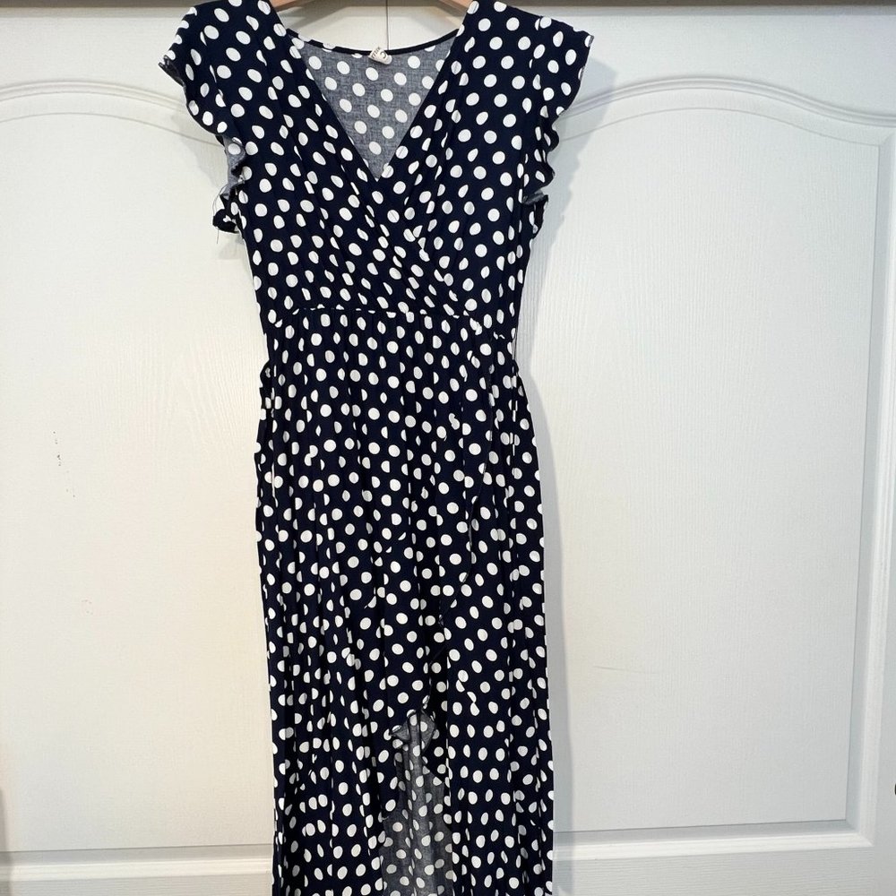 GRECERELLE Women's Blue and White Polka Dot Dress - Medium Flowy Bohemian Dress